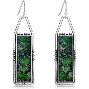 Green Handmade Bohemian Tribal Retro Colorful Square Bar Dangle Drop Earrings